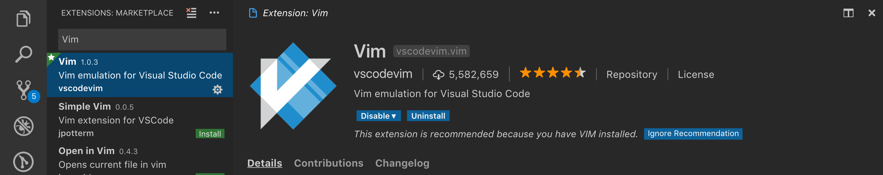 the VSCodeVim plugin page within VS Code